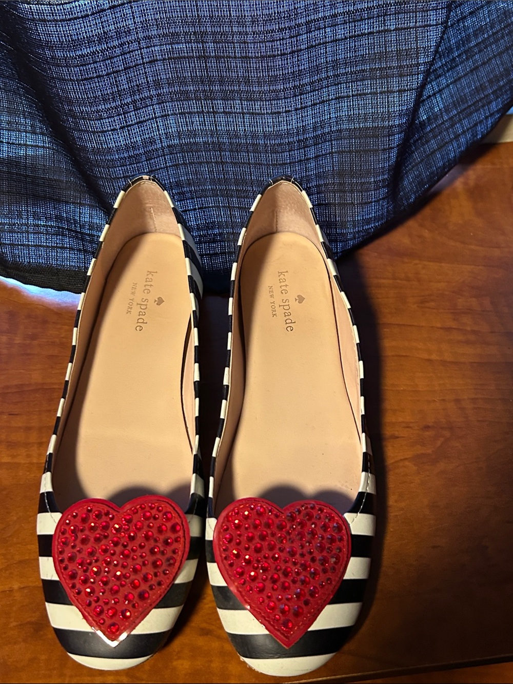 kate spade Black and White Striped Flats with Red Heart Embellishments